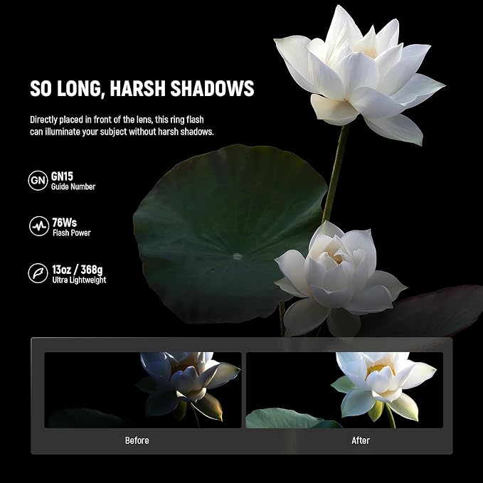 NEEWER RF1-N Marco Ring Flash Light Compatible with Nikon Camera, 76Ws GN15 5600K TTL Lighting 1-1/128 Output Front/Rear Curtain Sync Color Gels, Lens Adapter Rings for Macro Photography Studio Photo - Image 2