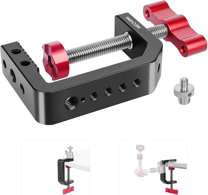 C Clamp Desk Camera Mount, Aluminum Table C-clamp with 1/4" 3/8" Thread, Desktop DSLR Mount for Photo Studio Video Camera, Light Stand, Desk, Rods, Shelves, Bike, Max Clamp 2.36" (62021) by Mechrig