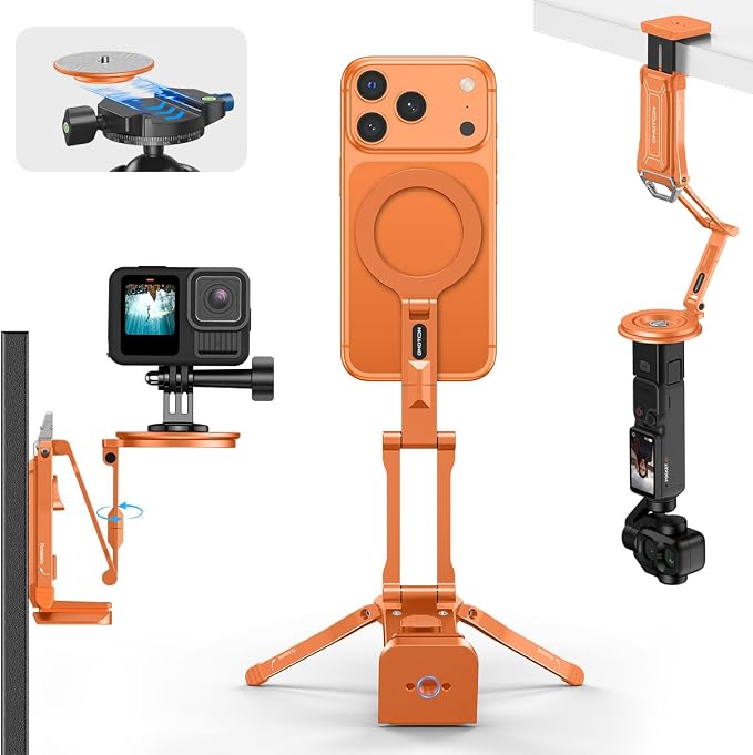 OMOTON TP02-Ultra Multi-Device Camera & Phone Mount with 1/4"Adapter Orange | Built-In 1/4" & Arca Base, Clamp, Magnetic & Tripod Setups for iPhone, Pocket/Action Cameras, Overhead & Low-Angle Filming by OMOTON