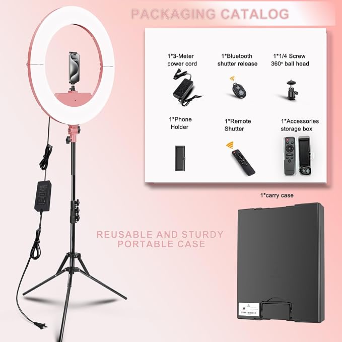 18 Inch Ring Light Kit, 55W6700k Dimmable LED Light, Tripod Stand, Remote Controller,Box,CRI95(Pink) - Image 4