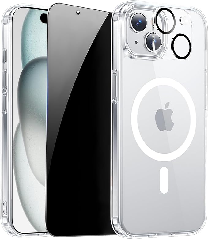 for iPhone 15 Case Clear with Privacy Screen Protector | Full Camera Protection, Transparent Magnetic, Compatible with MagSafe, Shockproof Phone Cover, Slim Fit by ZOZDOKG