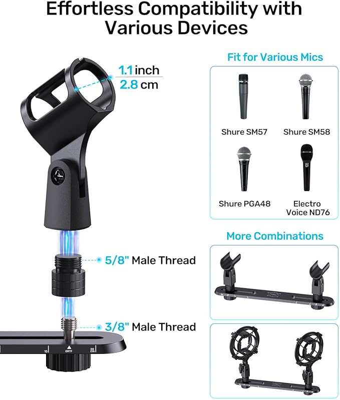 Stereo Array Spacing Mic Bar Mount, Aluminum Dual Holder with Ruled Marking | Adjustable Positioning, Durable Aluminum Construction, Fits 5/8, 3/8 & 1/4 Stands, for XY/ORTF Recording, Studio, Podcasting - Image 3