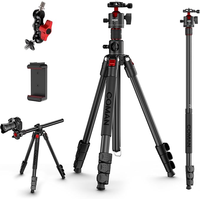 72" Overhead Tripod, Camera Tripod with Center Column and 360 Degree Ball Head, Detachable Monopod with Arca QR Plate, Horizontal Tripod for Camera, DSLR, Max Load 11 lbs by COMAN