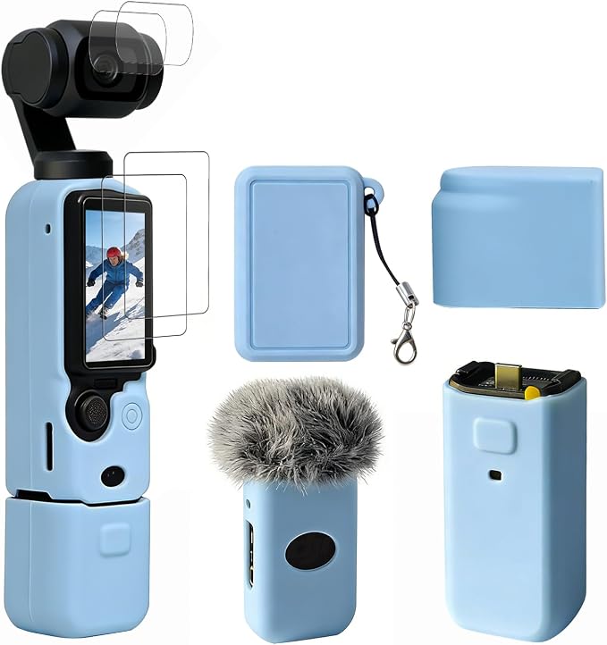 Case for DJI Osmo Pocket 3/Xtra Muse Camera, Soft Silicone Protective Case, Anti-Scratch, Slim Fit Skin with mic Cover and Screen Protector Accessories for Osmo Pocket 3/Xtra Muse (Sky Blue) by Frevyve