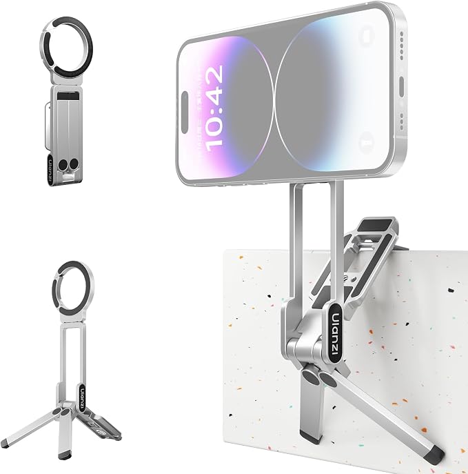 ULANZI MA38 Magnetic Phone Tripod for iPhone, Portable Phone Holder Silver | Portable Phone Tripod for Magsafe w Foldable Hook Double-Sided 1/4'' Screw for Travel Vlog Selfie iPhone 17/16/15/14/13 by ulanzi