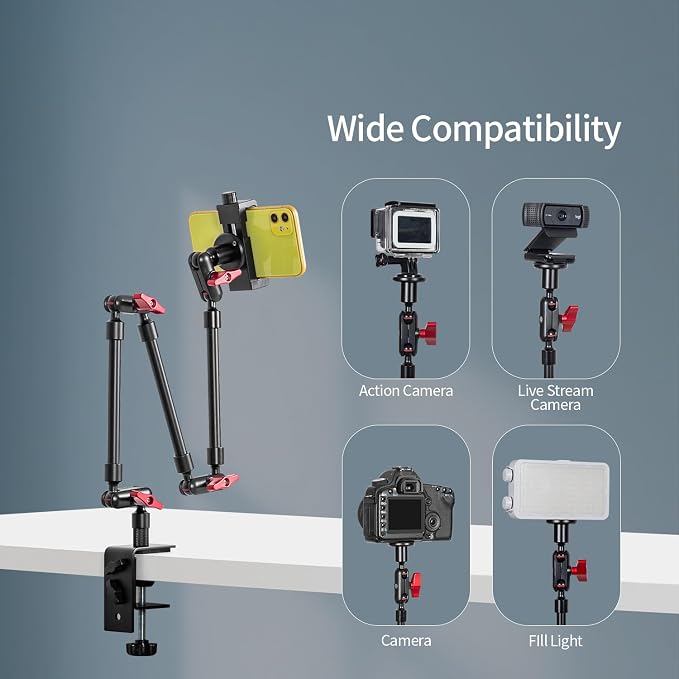 Magic Arm with Clamp, Long Articulating Arm Camera Mount, Adjustable Phone Mount Holder 360° Rotation, Mic Arm for Microphone, LED Lights, for Phone, Tripod, Desk, Table - Image 4