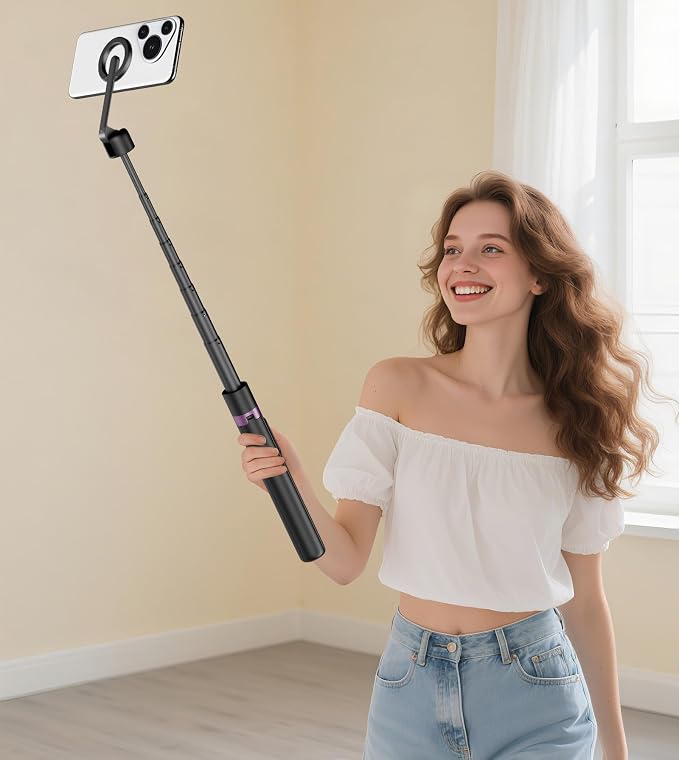 TONEOF 68" Magnetic Aluminum Phone Tripod Selfie Stick for iPhone & Android | Rechargeable Remote,360° Rotatable Foldable Cell Phone Stand Holder with Metal Ring,Travel Tripod for Magsafe (Black) - Image 9