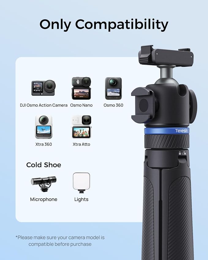 TELESIN 0.1s Auto Open Mini Selfie Stick Tripod for DJI Action Camera | 65cm/25.5in Magnetic Quick Release Tripod for DJI Osmo Action 6 / Nano / 360, Xtra 360 / Atto, Cold Shoe Mount,360° Ball Head - Image 8