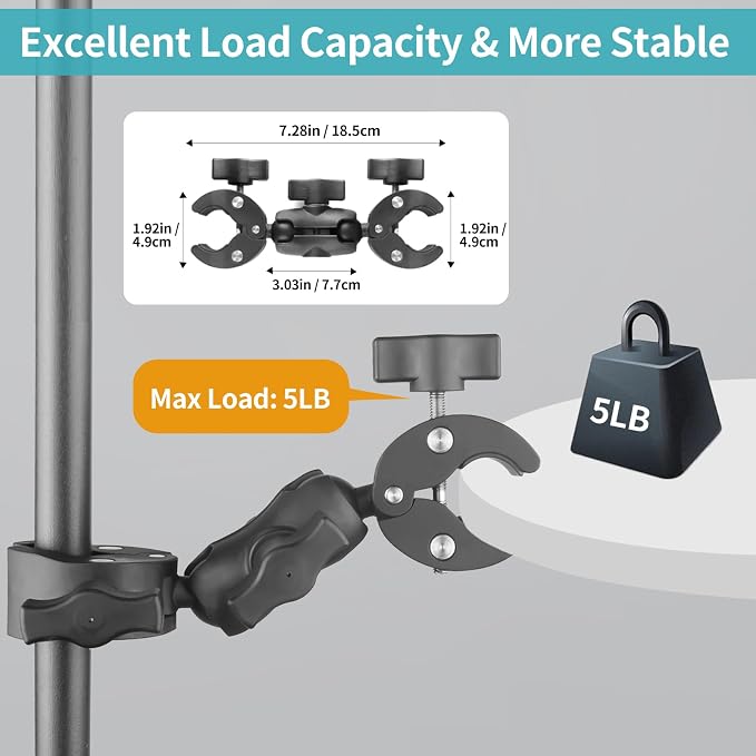 Double Clamp Mount Umbrella Chair Clamp with 360° Magic Arm, Umbrella Holder Clip for Chair Wheelchair Stroller Light Stand, Photography Reflector, Motorcycle, Live Scope Pole, Photo Boom Stand - Image 5