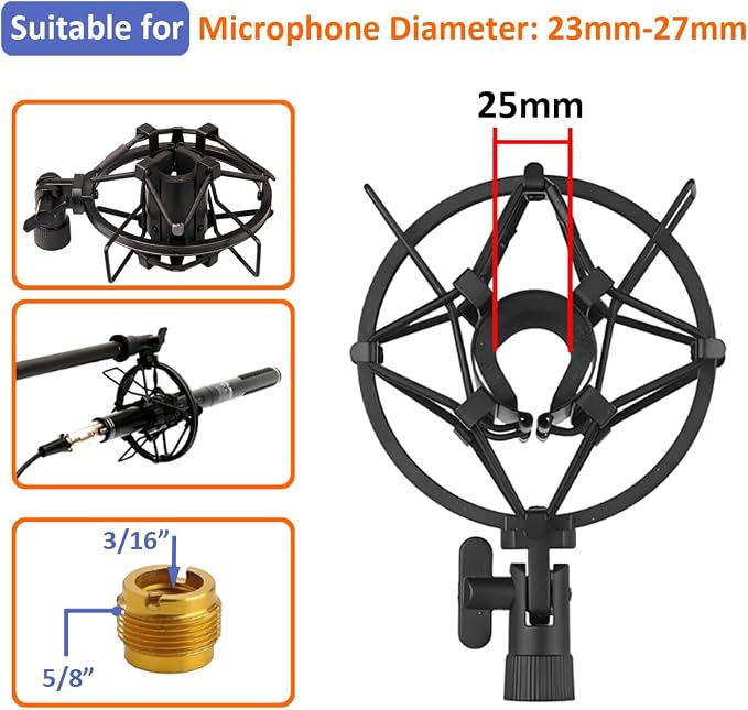 23-27mm Microphone Shock Mount Anti Vibration Mic Suspension Mount Aluminum Alloy Condenser Microphones Holder Clip with Metal Screw Adapter Isolation Absorber Studio - Image 5