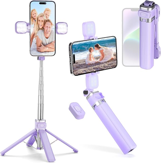 MQOUNY Mini iPhone Tripod Stand & Selfie Stick with Wireless Remote & Removable Light, Extendable Stand 360 Rotation Compatible with iPhone & Android Samsung (Purple) by MQOUNY