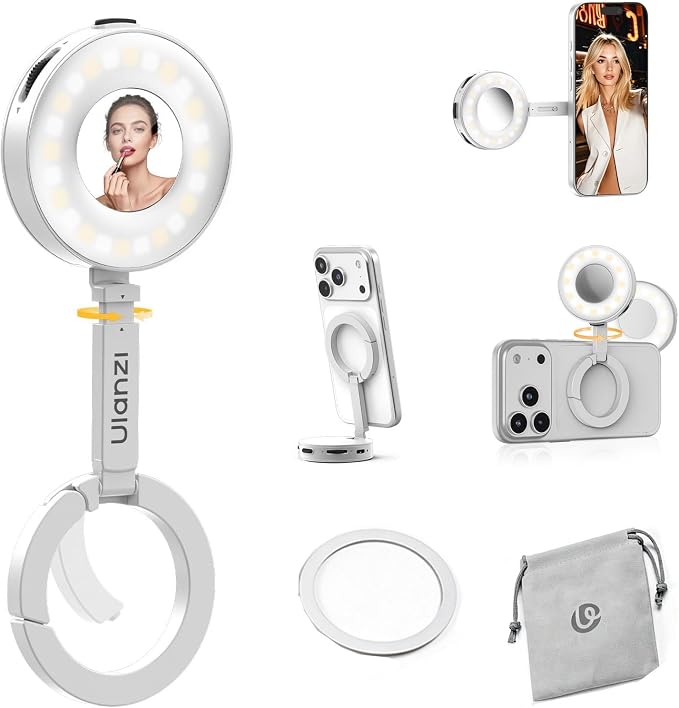 Ulanzi ML05 Magnetic Phone Light, Bi-Color 9000K CRI≥97 Selfie Video Light | Beauty Ring Fill Lights, 360° Flexible Rotation, Built-in Wide-Angle Mirror, Can be a Mini Desktop Stand for iPhone/Android by ulanzi