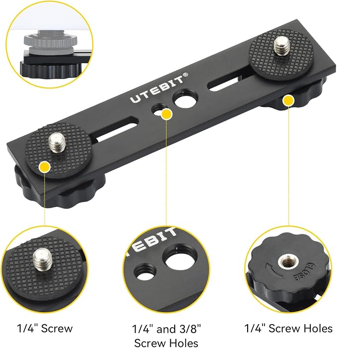 UTEBIT 5 inch Flash Bracket, 2 Pack Long Dual Camera Bracket Mount, Black | Flash Bracket Extension Bar with 1/4" Hot Shoe, Straight Flash Mount 1/4-3/8 Thread Hole Tripod Mount for Camera/LED Light - Image 3