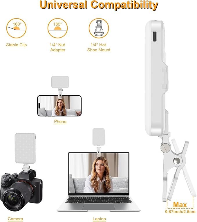 Selfie Light, LED Camera Light Video Lights 60 LED 2200mAh Rechargeable Phone Light 7 Modes, 10-Level Brightness, Portable Clip on Light for Phone/Tablet/Laptop White - Image 4