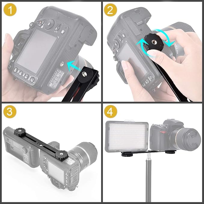 UTEBIT 8 inch Flash Bracket, with 1/4" Screw Hot Shoe Mount, Black | 2 Pack Dual Camera Mount Extension Bar, Straight Flash Bracket Tripod Mount for DSLR Camera LED Light Studio Video Microphone - Image 4