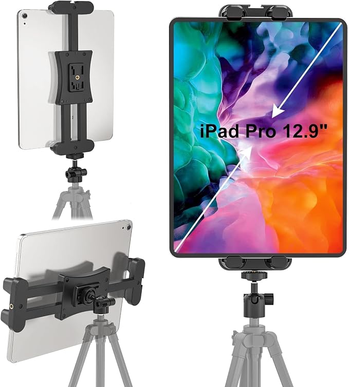 Tablet Tripod Mount Adapter with Ball Head, Holder for 4.7-12.9 Inch Tablets, Compatible with iPad Pro, Air, Mini, Selfie Stick, Monopod by Cenawin