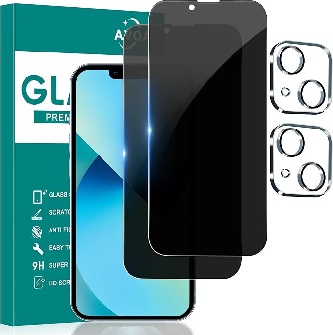 2+2 Pack Privacy Screen Protector for iPhone 13, 6.1 Inch | Camera Lens Protector, Tempered Full Screen Glass, Anti-Spy, Bubble Free, Case Friendly by AVOAR