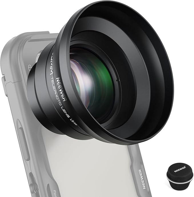 NEEWER HD 65mm Telephoto Phone Camera Lens with Lens Hood, LS-66 | For 17mm Thread Lens Backplate Cell Phone Cage Case, 1.7X Zoom Lens Attachment, Compatible with iPhone 17 16 15 Android by Neewer