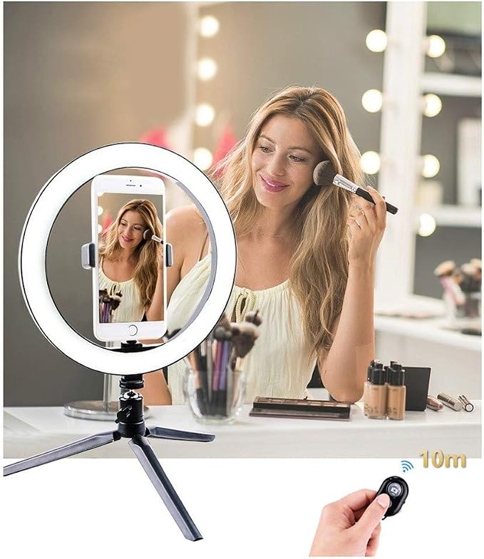 Ring Light with Stand OEBLD Dimmable Desk Selfie Ring Light with Phone Holder for Video Photography Remote Control for Makeup Live Streaming YouTube Lighting (D(10.2''Ring Light & Tripod)) - Image 3