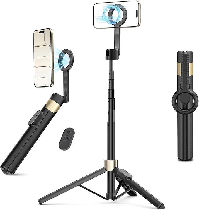 Vimose Magnetic Tripod for iPhone, Selfie Stick Monopod Tripod for Magsafe, 360° Rotatable Travel Tripod Heads Cell Phone Stand with Metal Ring & Remote, Compatible with iPhone Android, 60" by VIMOSE