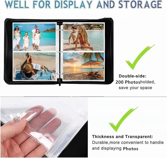 Photo Album 5x7 200 Pockets, Zip Photos Binder Album with 50Pcs Double Sided Pocket Sleeves, PU Leather Pictures Albums Folder, Seed Storage Binder Album (Black) - Image 5