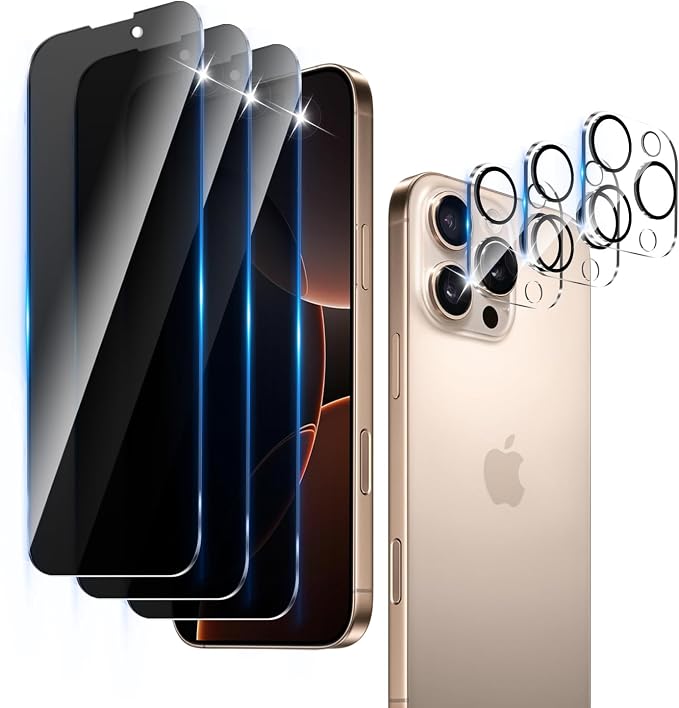 3+3 Pack Privacy Screen Protector Designed for iPhone 16 Pro Max With 3 Pack Camera Lens Protector,Full Coverage Anti-Spy Tempered Glass Film,9H Hardness,Bubble Free,Easy to Install by Unknown