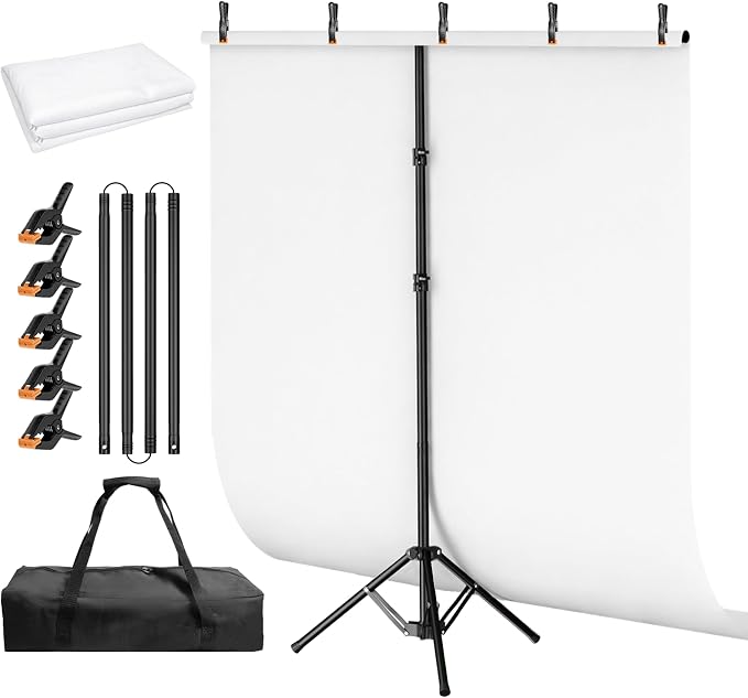 White Photo Backdrop with 5x6.5ft T-Shaped Stand for Photoshoot | 5x7ft Portable White Backdrop Stand Kit with Carrying Bag, 5 Strong Spring Clamps for Baby Shower Portrait Live Streaming by Qoolfoto