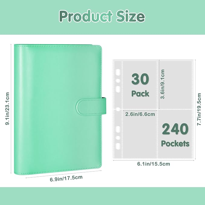 WITHYU A5 Card Collector with 30 Pack 4-Pocket Pages, 6 Ring Binder Album with 240 Card Slots, PU Leather Binder Cover with Magnetic Buckle Closure (Green) - Image 5