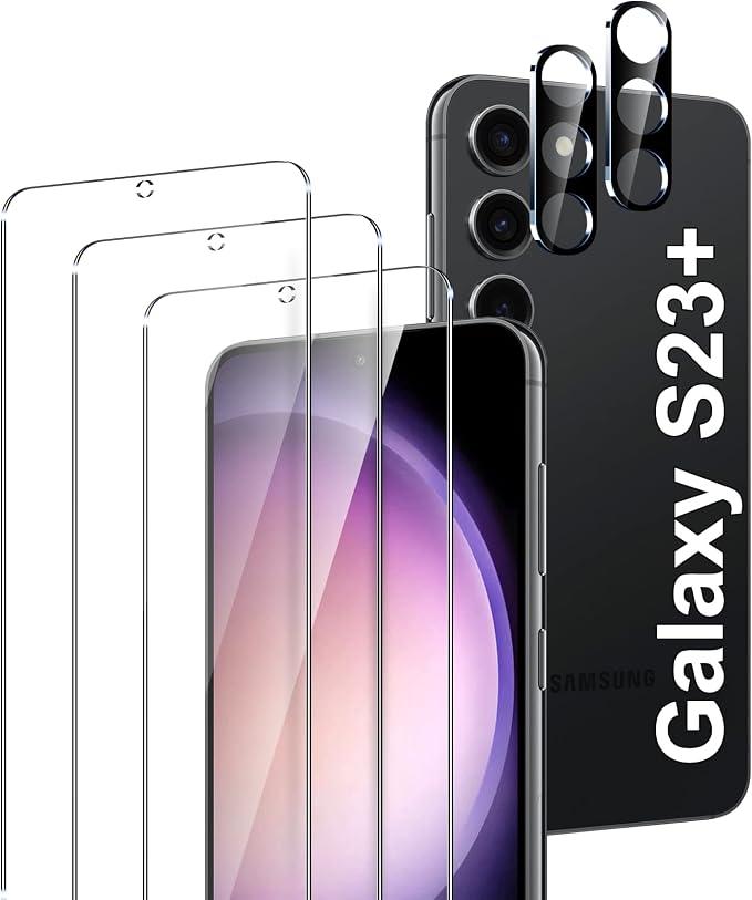LYWHL for 3 Pack Samsung Galaxy S23 Plus / S23+ Tempered Glass Screen Protector with 2 Pack Camera Lens Protector, Support Fingerprint Unlock, 9H Shatterproof Bubble Free Case Friendly by LYWHL