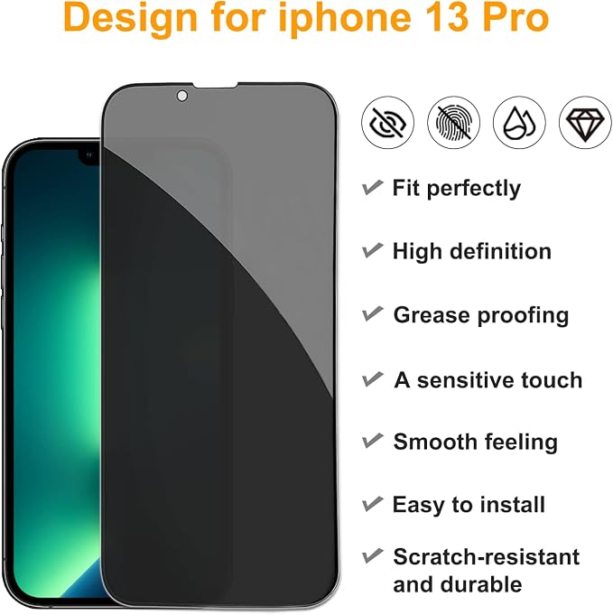 PEHAEL for iPhone 13 Pro Privacy Screen Protector+Camera Lens Protector | Installation kits, Anti-Spy Private, Anti-Scratch, 9H Tempered Glass, Case Friendly, 2+2 Pack, [6.1 inch] - Image 2