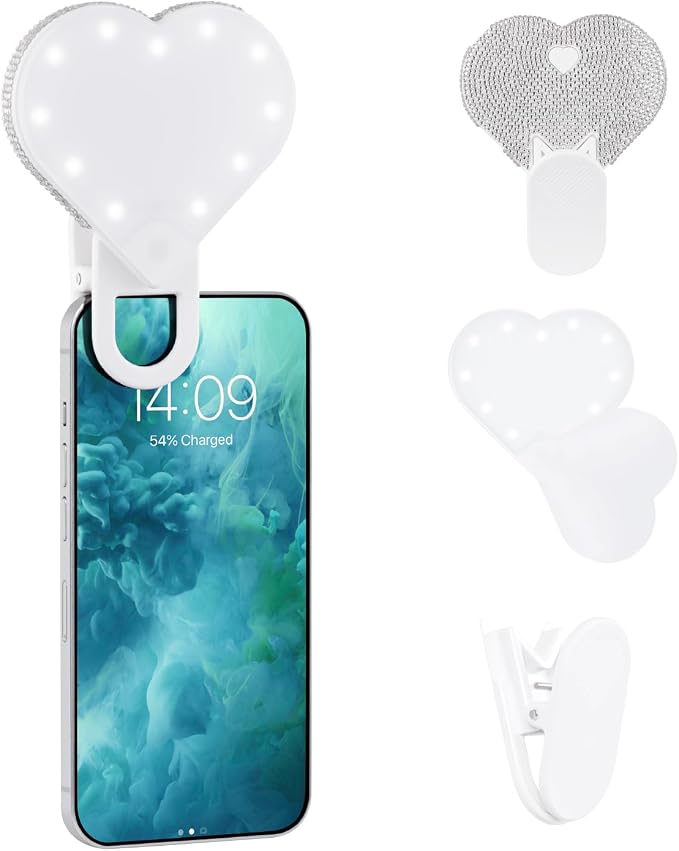 Riki Sweetheart Clip-On LED Makeup Mirror and Selfie Light, Rechargeable with Long-Lasting Battery, CRI 95+ for Phone, Laptop, and iPad, Film for TikTok, Instagram (White Sparkle) by RIKILOVESRIKI