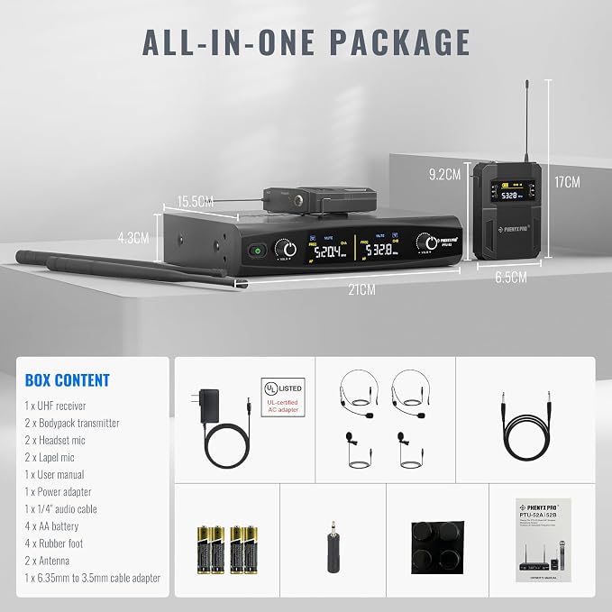 Phenyx Pro UHF Wireless Microphone System w/ 2x30 Tunable Frequencies, Metal Cordless Mic Set, 200 ft Range, 2 Bodypacks & Headsets/Lapel Mics for Speaking, Singing, Church, DJ (PTU-52-2B) - Image 7