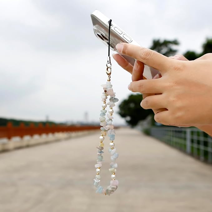 Phone Chain Wrist Strap With Natural Gemstone Charms - Cell Lanyard Beaded Strap for Women Girls (Green) - Image 2