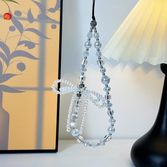 Cell Phone Charm Pearl Beaded Phone Wrist Strap Elegant Aesthetic Handmade Anti-Lost Pearl Chain Bracelet for iPhone Samsung All Smartphones Wristlet Gift for Women Girls Clear Crystal Double Bow Faux - Image 5