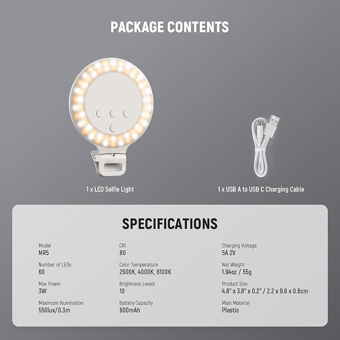NEEWER Entry Level Version 3.8" Ring Light, 3W Clip on Phone Selfie Lighting for iPhone Laptop Desk Computer Webcam Video Conference Zoom Vlog Recording Streaming Makeup, 3 Modes CRI80 600mAh, NR5 - Image 8