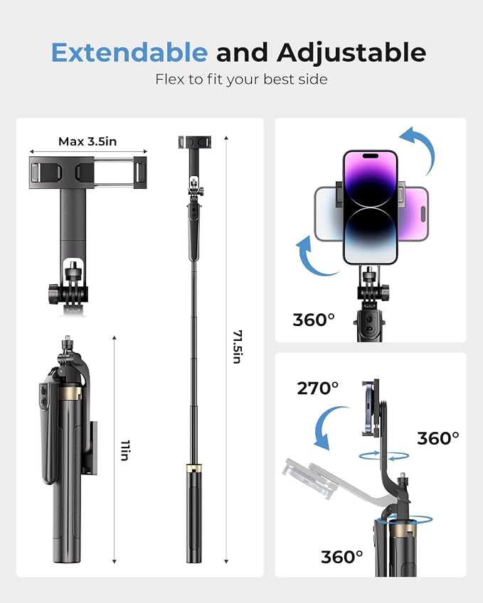 72" Phone Tripod, Tripod for iPhone with Wireless Remote Control, Portable Selfie Stick for iPhone, Live Streaming, Video Recording, Compatible with Cell Phones, Cameras - Image 4