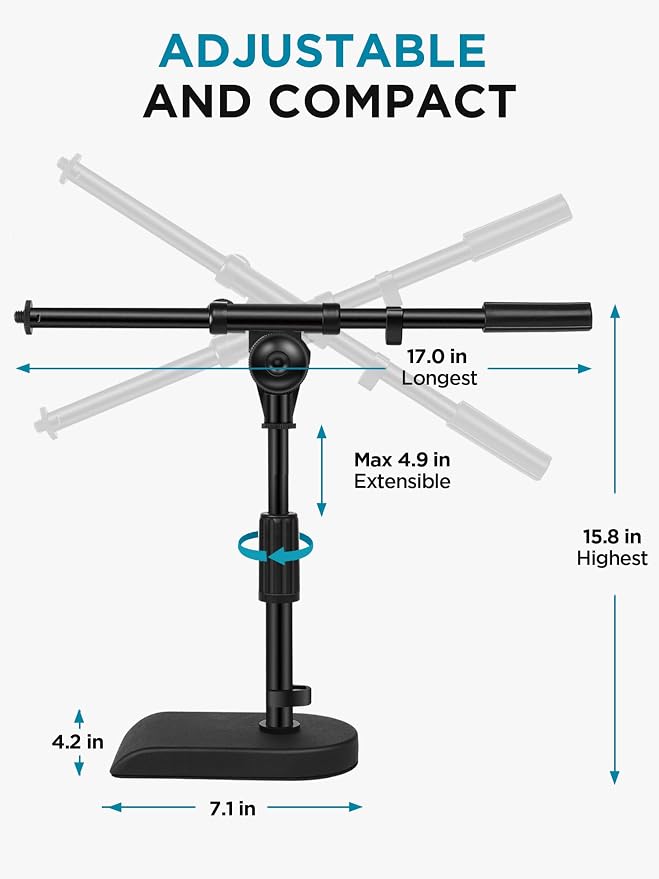 InnoGear Adjustable Desk Microphone Stand, Weighted Base with Soft Grip Twist Clutch, Boom Arm, 3/8/'' and 5/8/'' Threaded Mounts for Blue Yeti and Blue Snowball, Kick Drums, Guitar Amps, Black | for Shure Fifine Guitar Amps, 4.4lb Weight Capacity, Arm... - Image 7