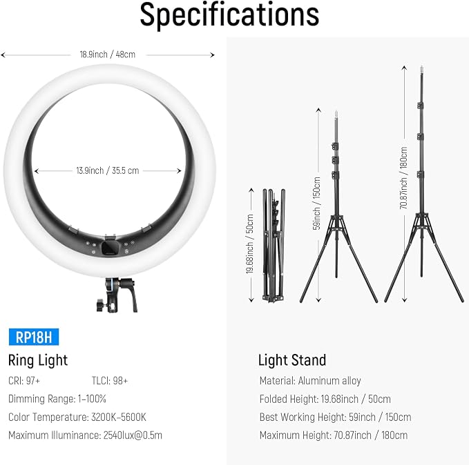 NEEWER Ring Light RP19H 19 Inch with Tripod Stand 3 Phone Holders | Upgraded 2.4G Touch Control, Ringlight for iPhone Video Recording, Streaming, Home Office, Zoom, Selfie, Makeup Lighting - Image 8