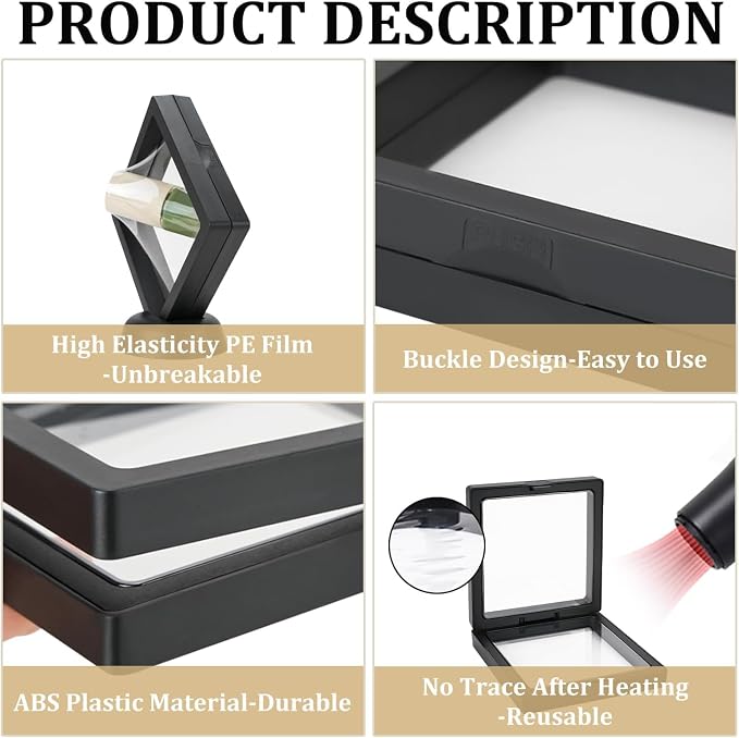 3D Floating Display Case, Transparent Film Jewely Storage Box, Black Challenge Coin Display Holder Stand for Antique Challenge Coins Medals Jewelry Shells Gems Minerals Rocks Specimen Pins (18Pcs) - Image 5