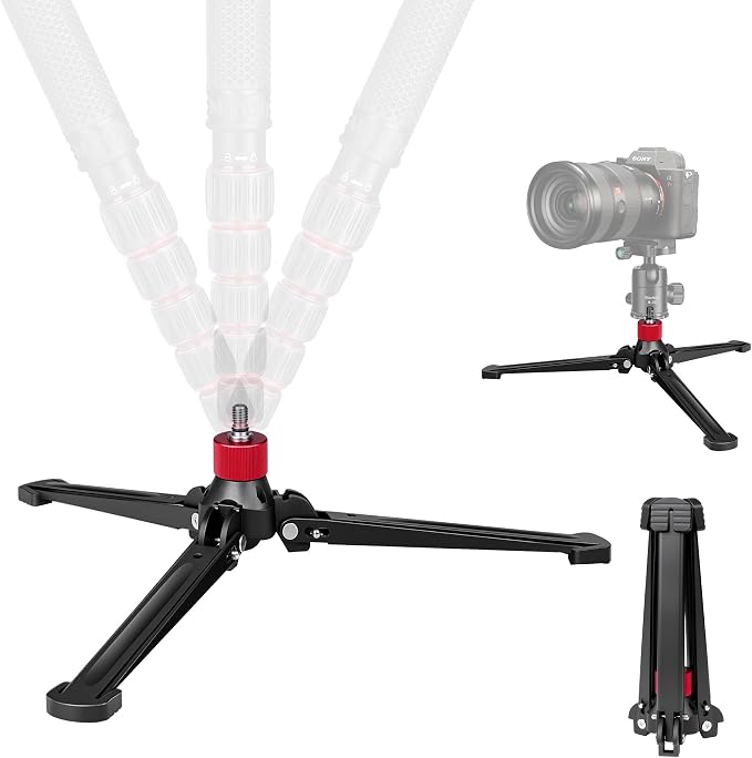 M-5 Tripod Base, Longer Desktop Tripod with Three Upgraded Extended-Leg, 3/8" Screw Monopod Stand Support for Ball Head/Fluid Head DSLR Camera Camcorder, Tilt 20° & Rotate 360° (Red) by Manbily