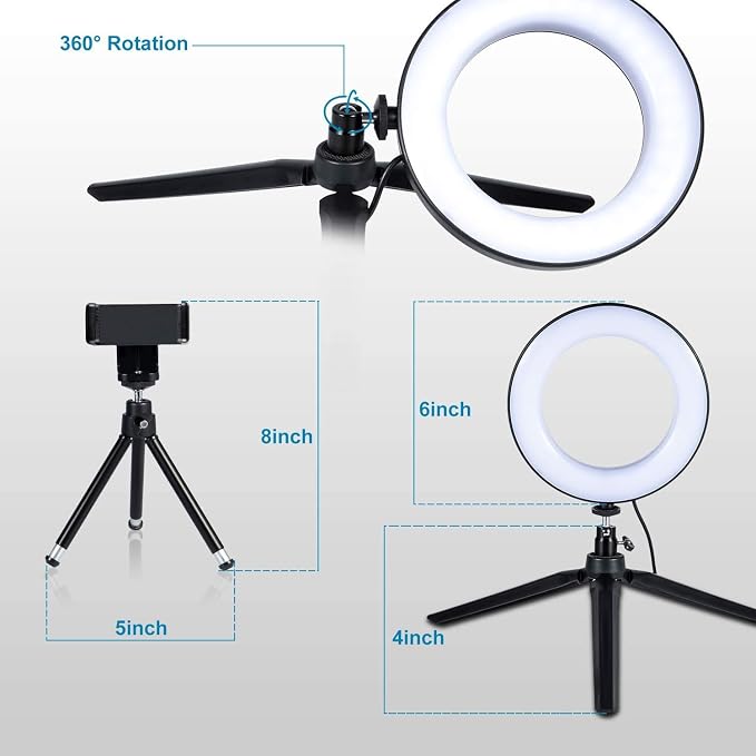 MACTREM 6" Small Ring Light with Stand for Phone Video Desk Makeup | Mini Desktop Ring Light, 3 Light Modes 11 Brightness Levels, Cell Phone Holder,for YouTube Computer Conference,USB Powered - Image 3