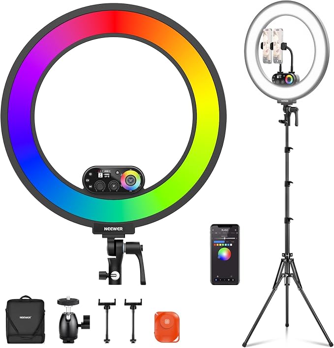 NEEWER RL45C 18" Edge Lit 45W RGB LED Ring Light with Phone Tripod Stand Remote CRI95+ 3100lux/0.5m 2500K–10000K 360° Full Colors App/2.4G Control Compatible with iPhone Selfie Makeup Video Recording by Neewer