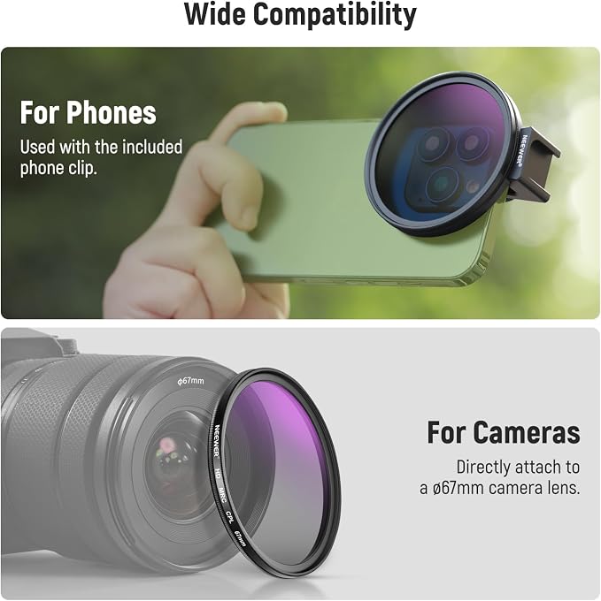 NEEWER 67mm CPL Filter with Cold Shoe Phone Lens Clip, HD Polarizing Filter with Pouch & Cleaning Cloth Compatible with iPhone 17 16 15 Pro Max Plus Samsung Galaxy S25 Ultra Camera - Image 7