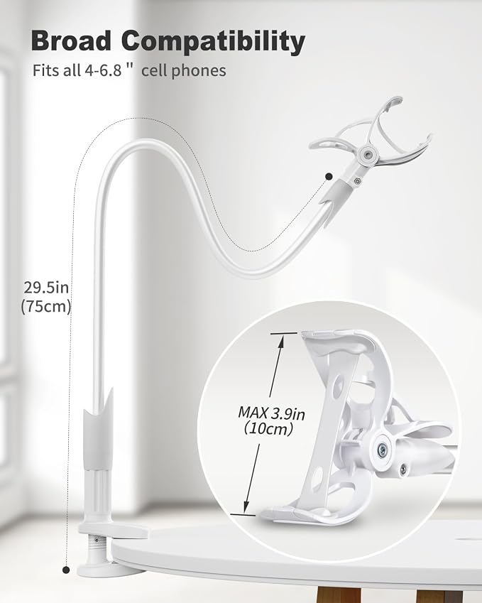 SAIJI Gooseneck Cell Phone Holder, Clamp Universal Lazy Mount Clip Hands Free Flexible Long Arm Bracket Grip for 4.0-6.3 Phones Mobile Stand Baby Monitor for Desk, Bed, Office, Kitchen (White) - Image 5