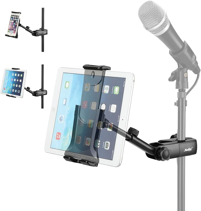 Moukey Tablet Holder for Microphone Stand, Adjustable Mic Music Stand Phone Holder Mount, Compatible with iPad, iPhone, Android, All 4.7 to 12.9 Inches Tablets & Smartphones by Moukey