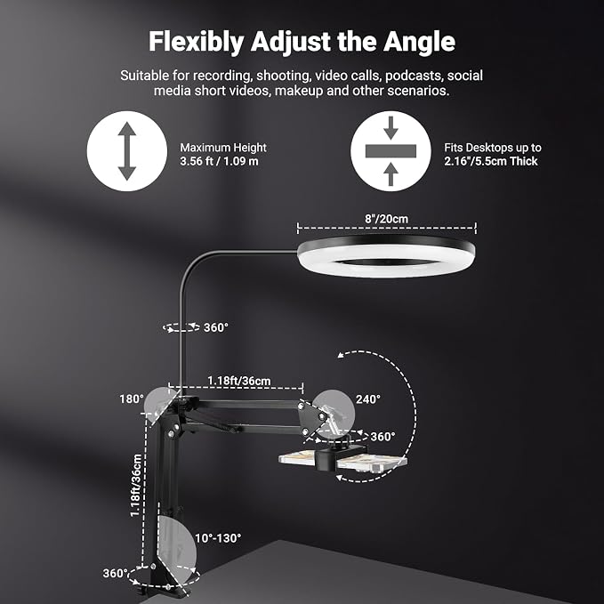 NEEWER Entry Level Version N41 8" LED Ring Light with Desk Clamp Stand/Remote, Overhead Phone Mount Holder Compatible with iPhone, Streaming Video Recording Selfie Nail Tech Food Photography Lighting - Image 4