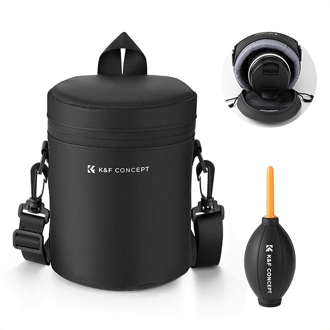 K&F CONCEPT Camera Lens Case, 3-Way Carry Bag for Lens with Air Blower | For Lens Below 3.3" x 5.7" (D x H), 10mm Padding, Shockproof, Waterproof Zipper, Fits Canon Nikon Sony Olympus Fuji by KFCONCEPT