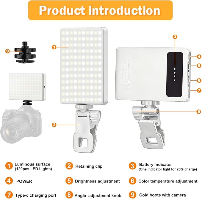 120 LED Selfie Light for iPhone, Portable Phone Light with Clip & Camera Tripod Adapter - 5000mAh Rechargeable, 3 Lighting Modes, CRI 97+ for Video Recording, TikTok, Tripod Mount Rings - Image 4