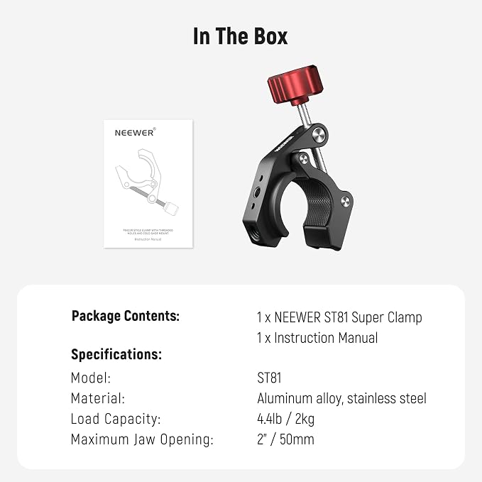 NEEWER Super Clamp with Cold Shoe & 1/4 Inch 3/8 Inch Thread Holes, ST81 | Max. Load 4 Kg, Crab Shaped Camera Tripod Holder, for Most Photo Accessories, Compatible with SmallRig Magic Arm, Red - Image 8