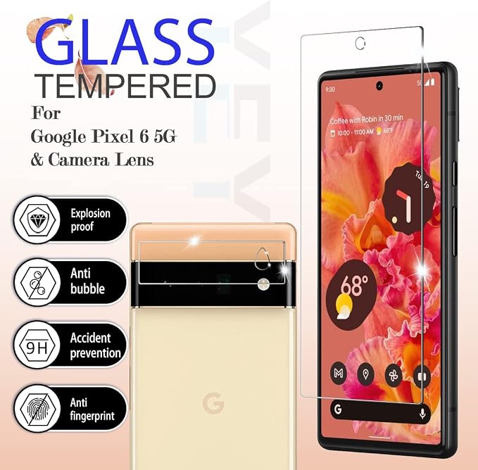 Google Pixel 6 5G Screen Protector + Camera Lens Protectors, [2+2 Pack] Full Coverage Tempered Glass Screen Protector for Pixel 6 [Case-Friendly][Anti-Shatter][3D Glass] - Image 2